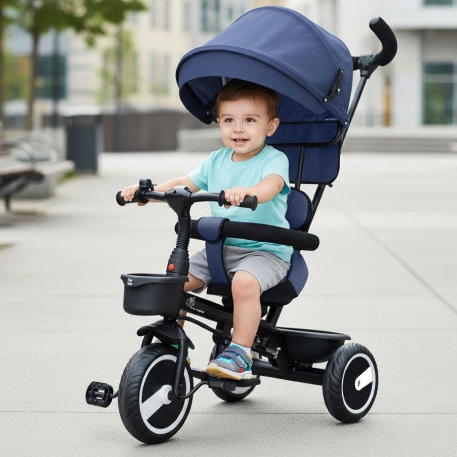 Tiny Toes T30 Ace Tricycle - 3 in 1, Adjustable Parental Control & Canopy, Front & Rear Basket - Denim Blue