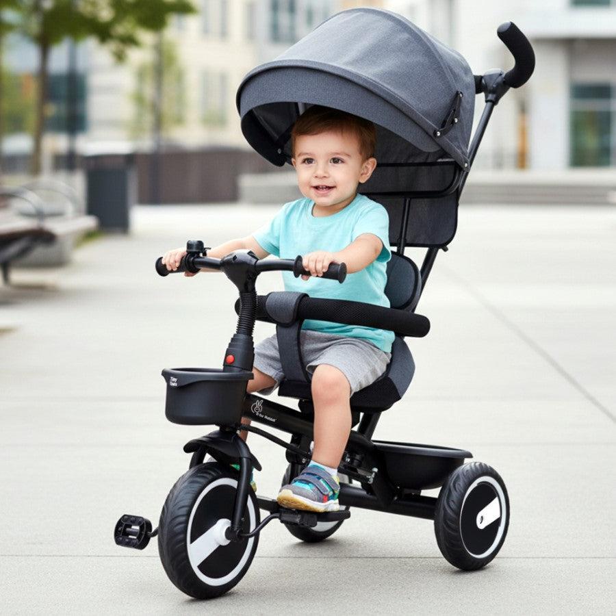 Tiny Toes T30 Ace Tricycle - 3 in 1, Adjustable Parental Control & Canopy, Front & Rear Basket - Grey