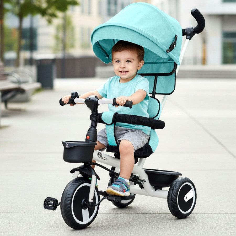 Tiny Toes T30 Ace Tricycle - 3 in 1, Adjustable Parental Control & Canopy, Front & Rear Basket - Lake Blue