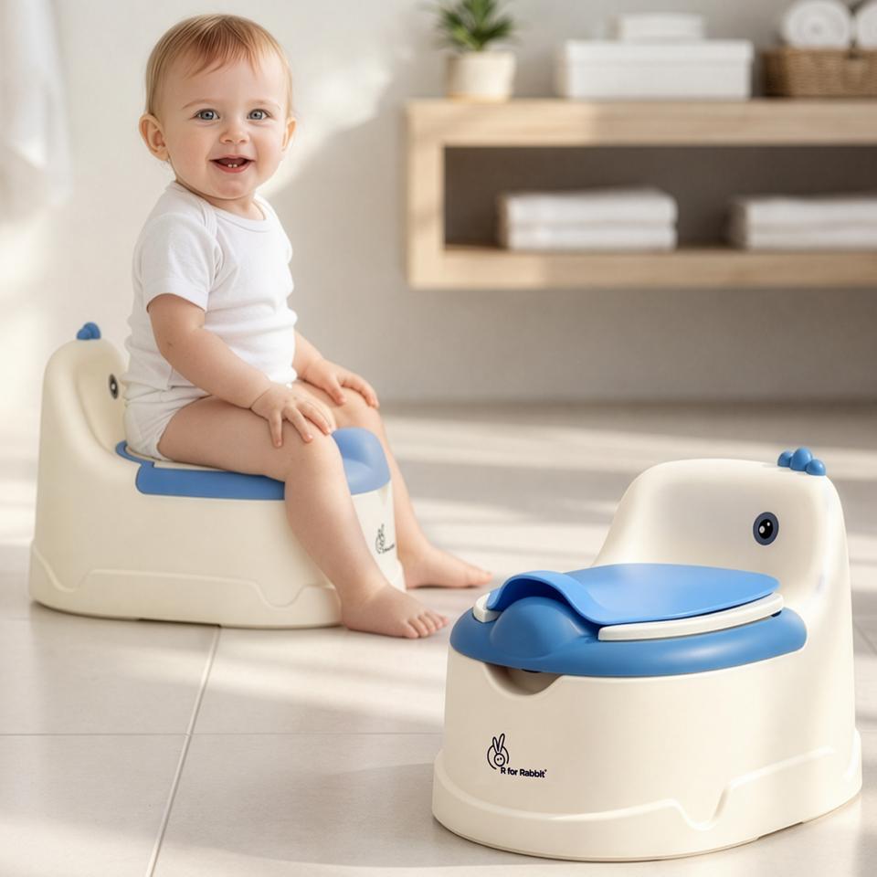 Tiny Tots Dino BPA-Free Potty Training Toilet Seat For Baby With Cushion - White Blue