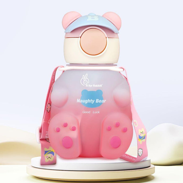 Pink Baby Straw Sipper Bottle with Bunny Print Dual Handles & Strap Leak-Proof & BPA Free
