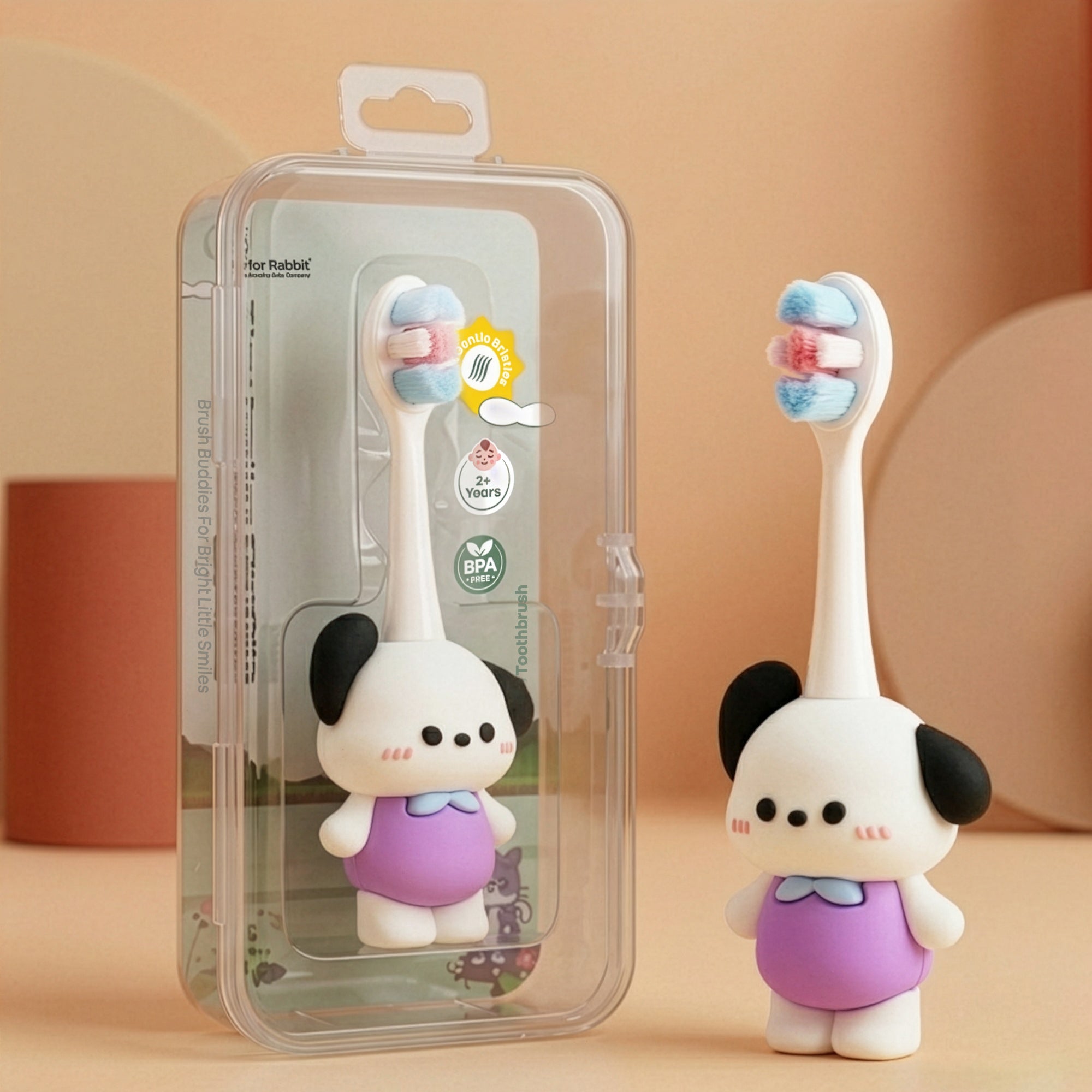 Tiny Smiles Zoobie Kids Toothbrush for 2+ Years, Ultra-Soft PBT Bristles, Self-Standing Animal Design Brush - White Doggy