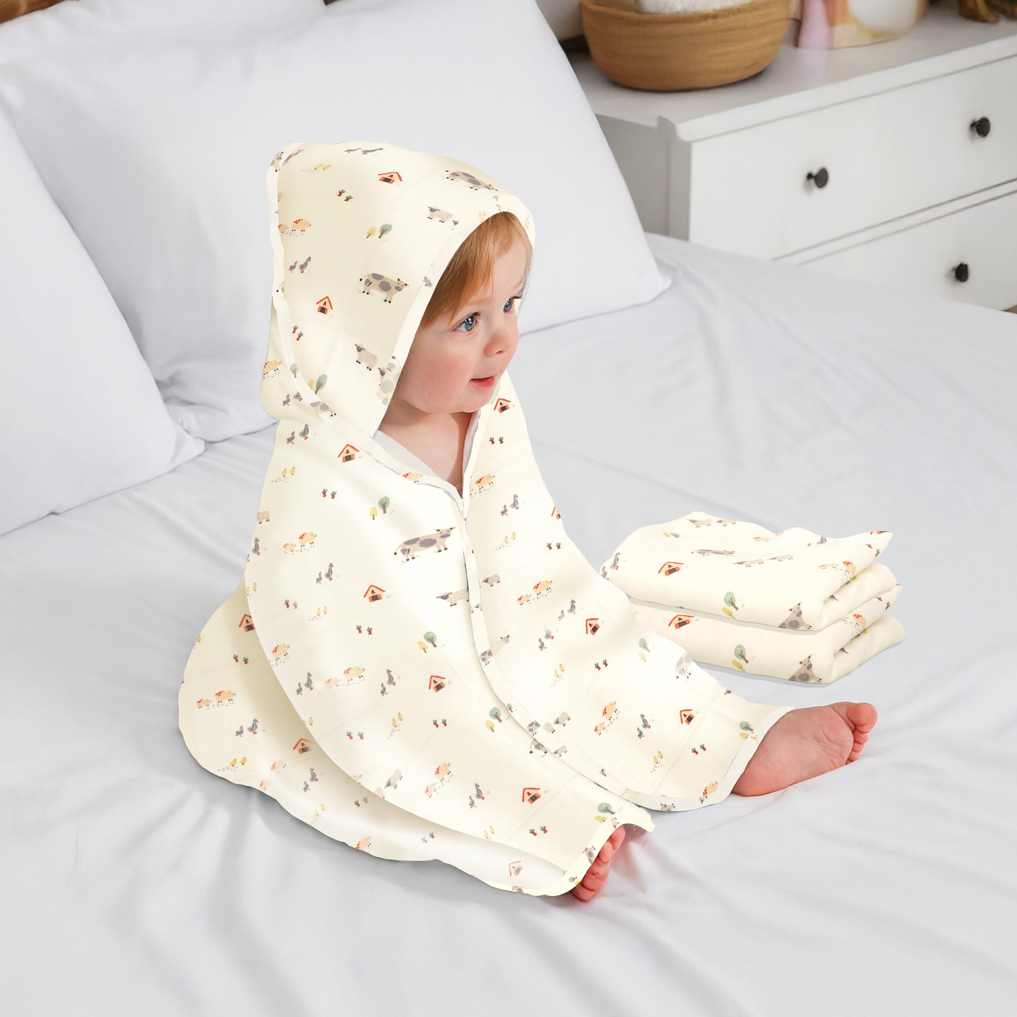 Softkins Baby Hooded Knit Towel with 100% Natural Cotton, Soft & Quick Dry - White Farmland