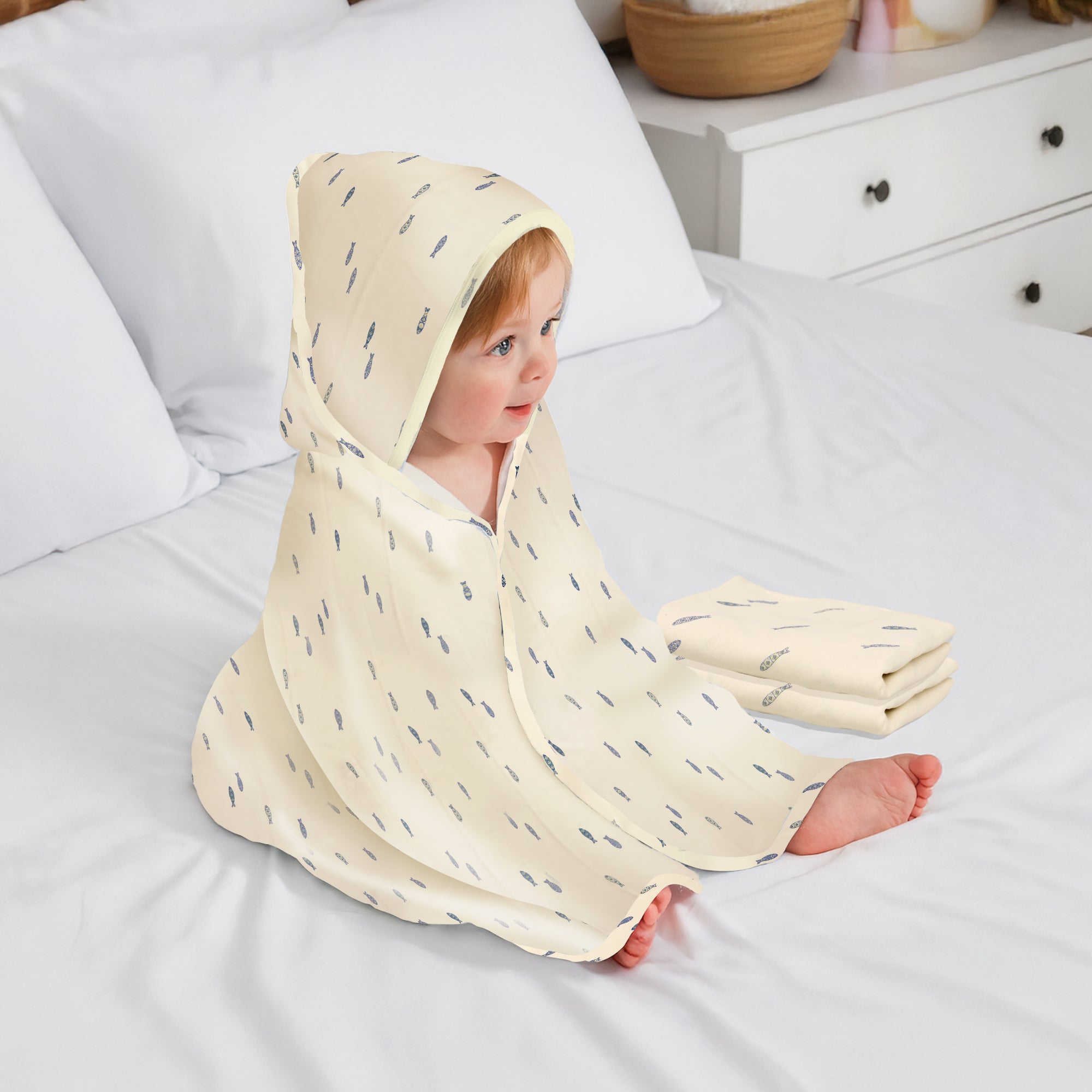 Softkins Baby Hooded Knit Towel with 100% Natural Cotton, Soft & Quick Dry - White Fishy