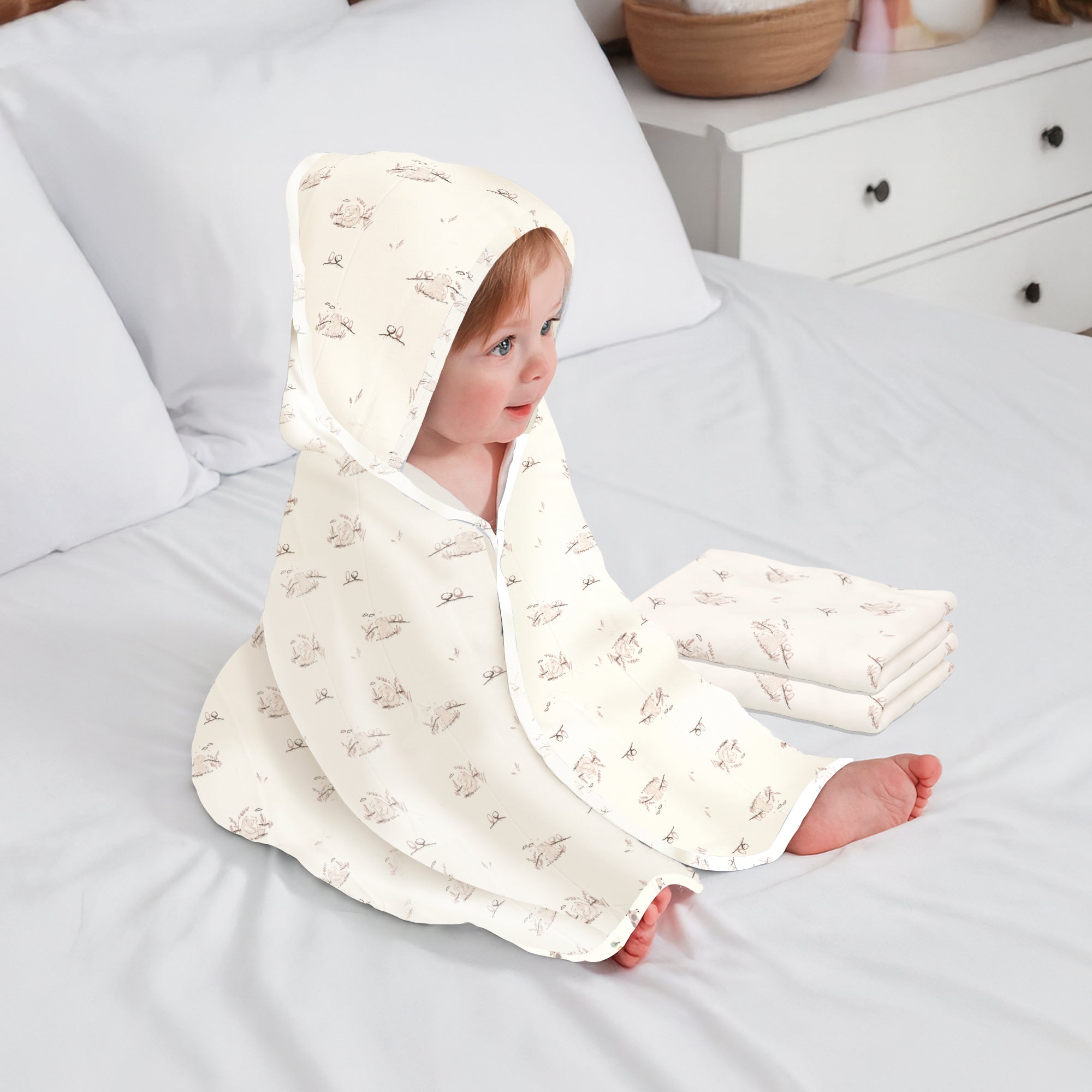Softkins Baby Hooded Knit Towel with 100% Natural Cotton, Soft & Quick Dry - White Teddy