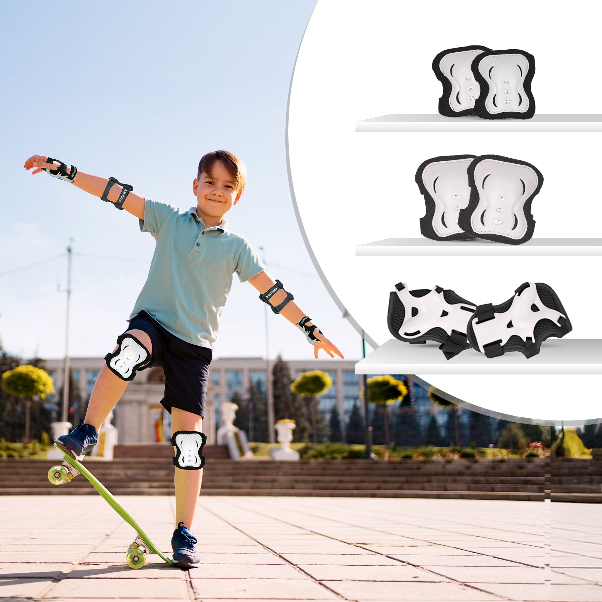 Kids Safety Protector Pads Set, Cushioned Knee, Elbow & Wrist Guards for Outdoor Riding & Sports - White