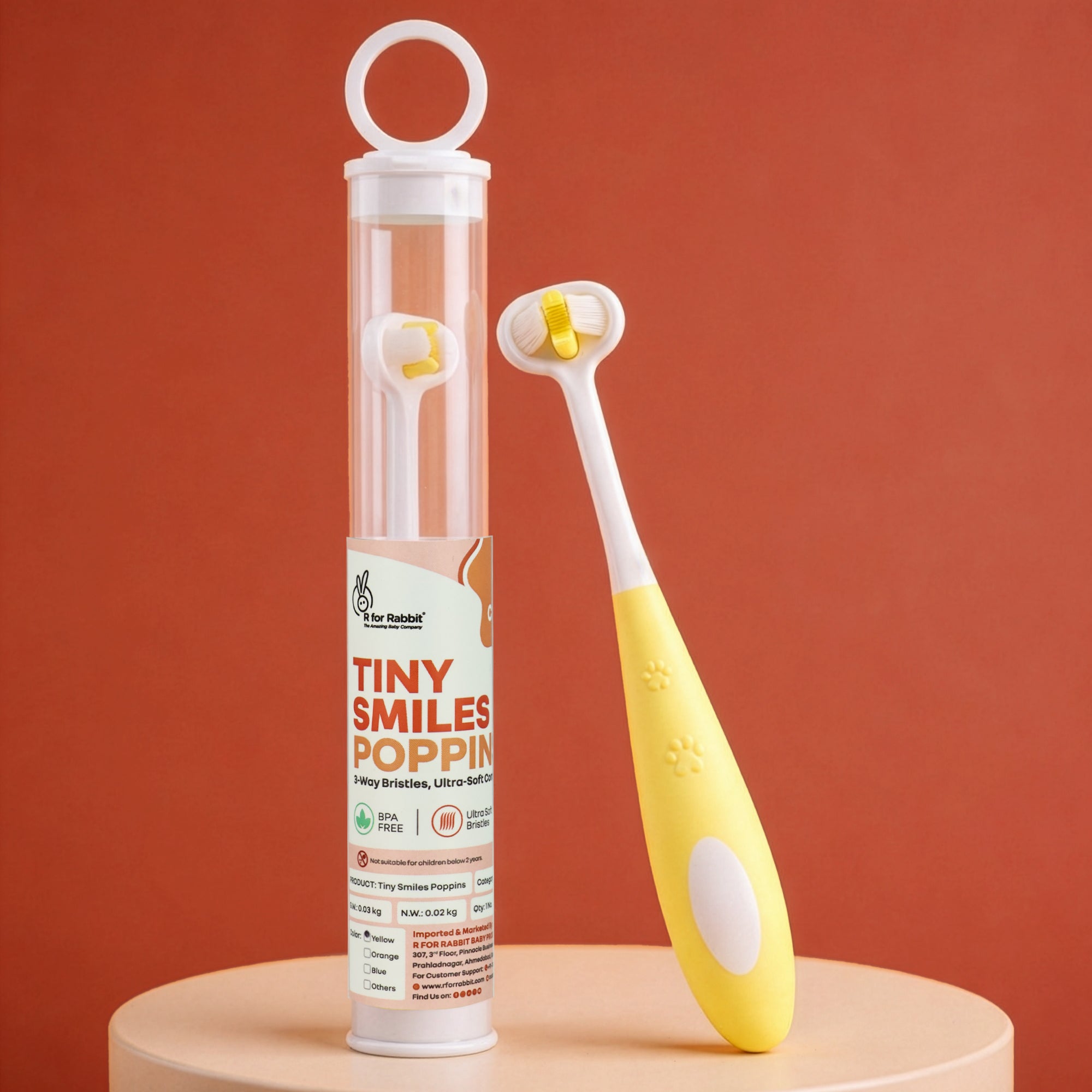 Tiny Smiles Poppins Kids Toothbrush, 3-Sided 360° Cleaning Brush, Ultra-Soft PBT Bristles - Yellow