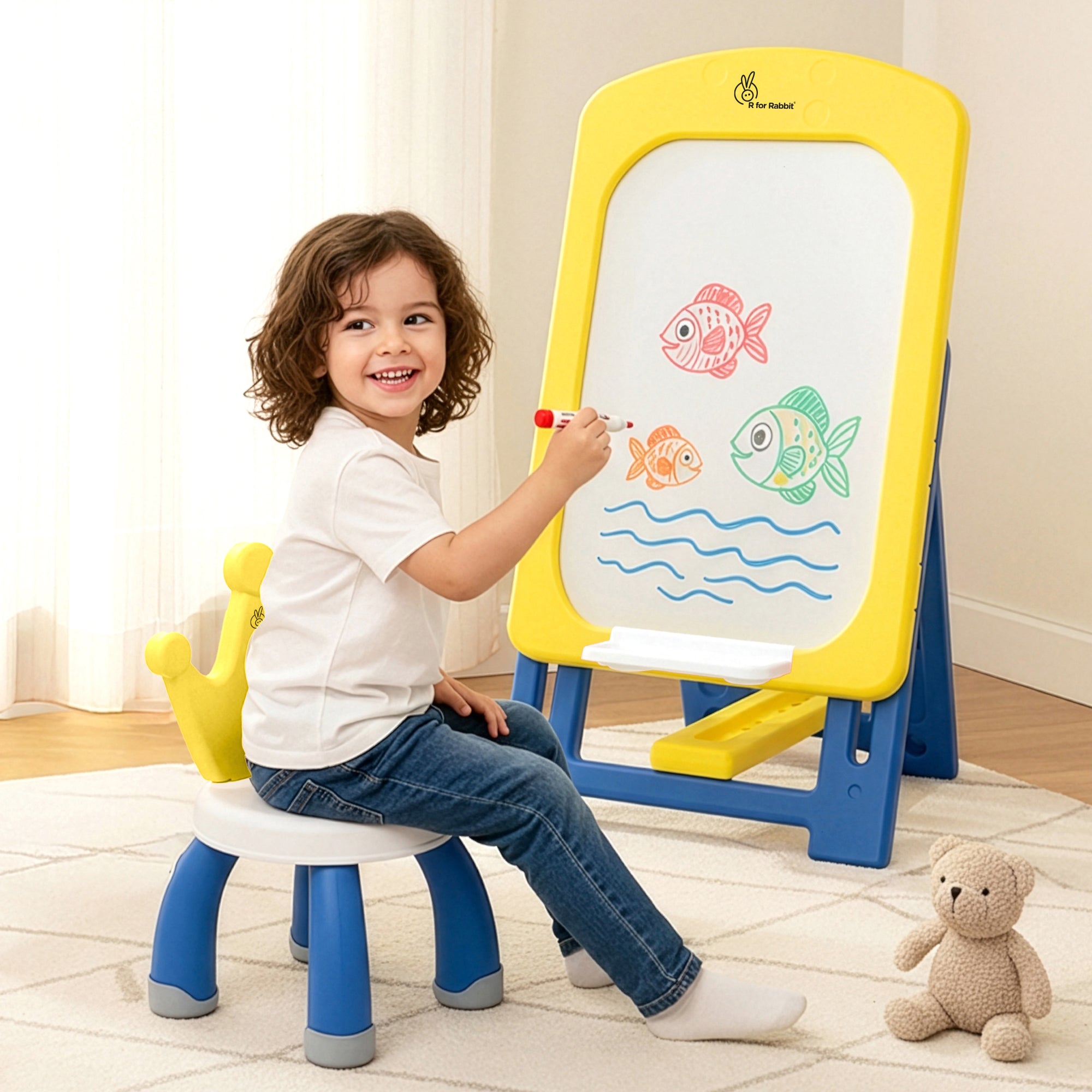 Little Genius Doodle Duo Whiteboard & Chair Set for 3–7 Years, 7-Level Height Adjustable, Foldable Study Table, Upto 40 kg - Yellow Blue
