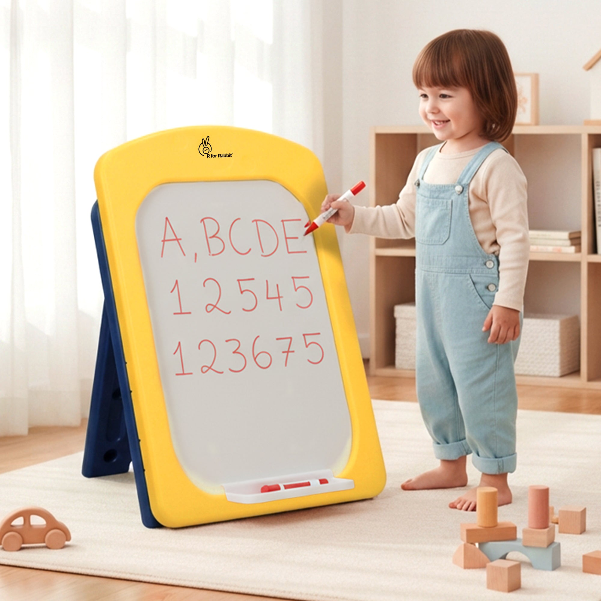 Little Genius Doodle Kids Whiteboard for Drawing & Learning – Foldable BPA Free Board with 7 Height Adjustments, Storage Tray & Stable Frame for Creative Activities (Age 3–7 Years) - Yellow Blue