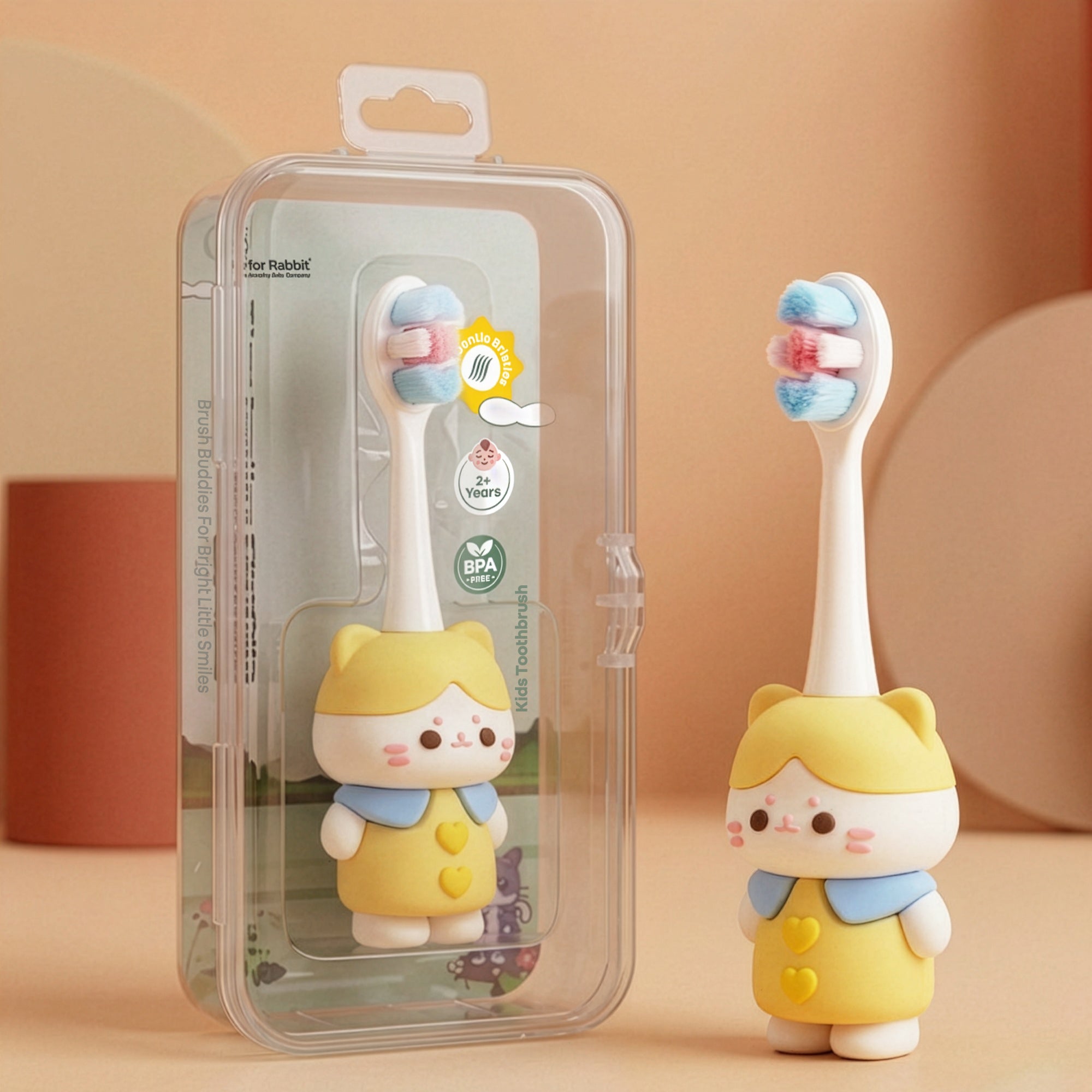 Tiny Smiles Zoobie Kids Toothbrush for 2+ Years, Ultra-Soft PBT Bristles, Self-Standing Animal Design Brush - Yellow Kitty
