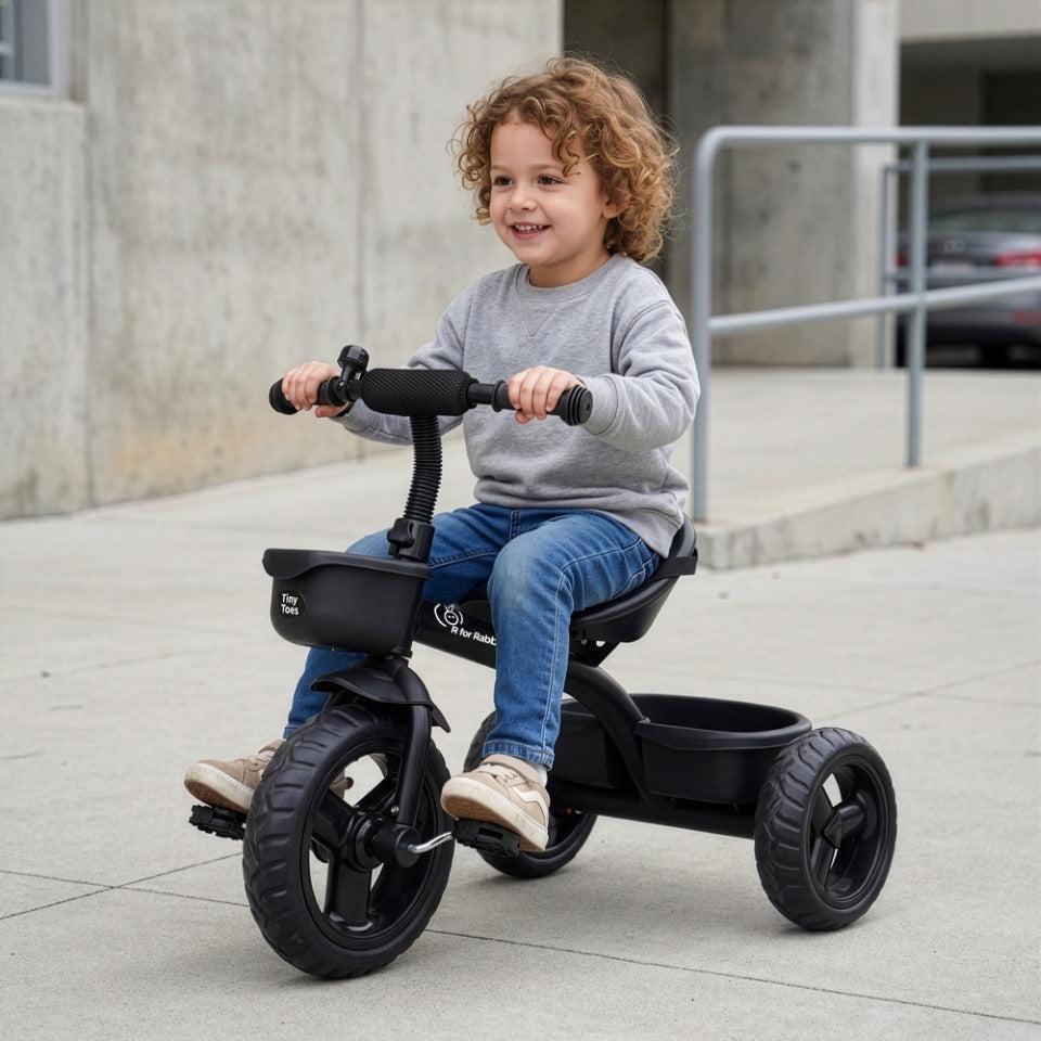 Tiny Toes T10 Ace Tricycle - Front & Back Basket, Seat Belt - Black