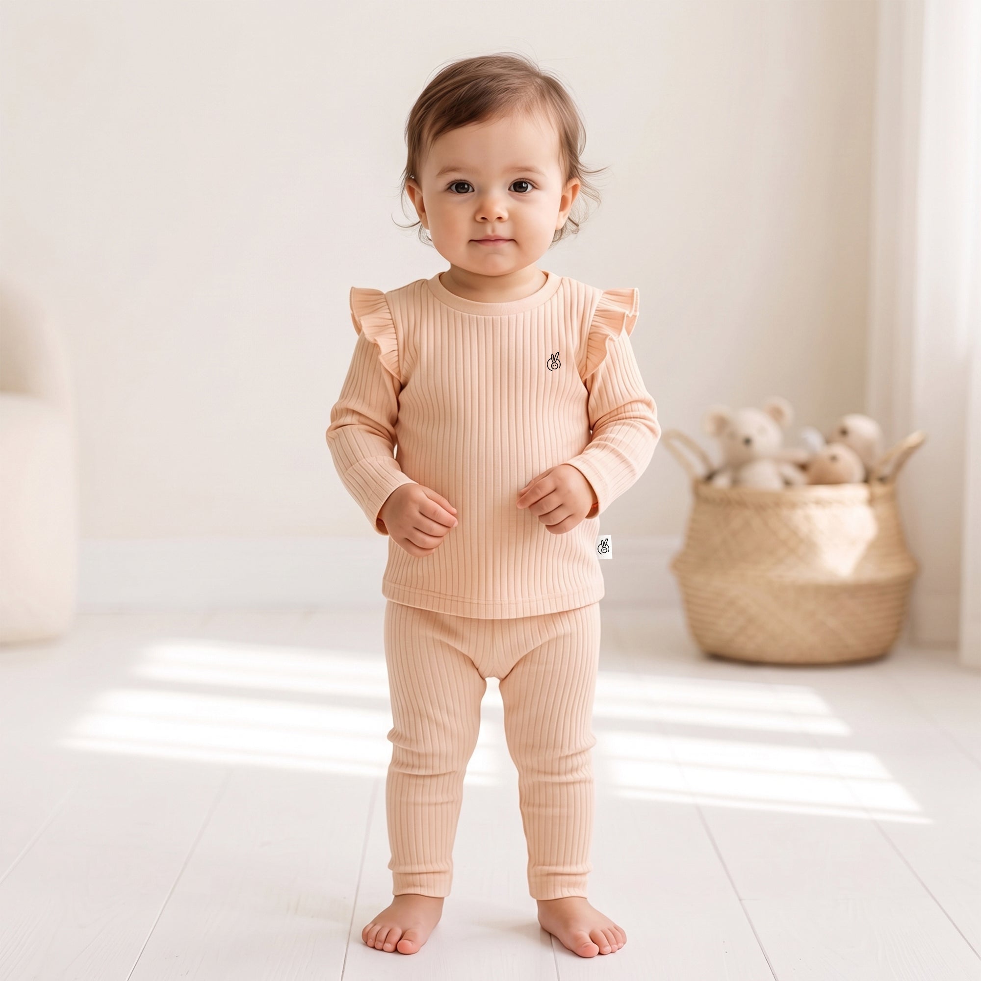 Drop Needle Full Sleeve Ruffled Top & Bottom Set Bleached Apricot 0-2 Years