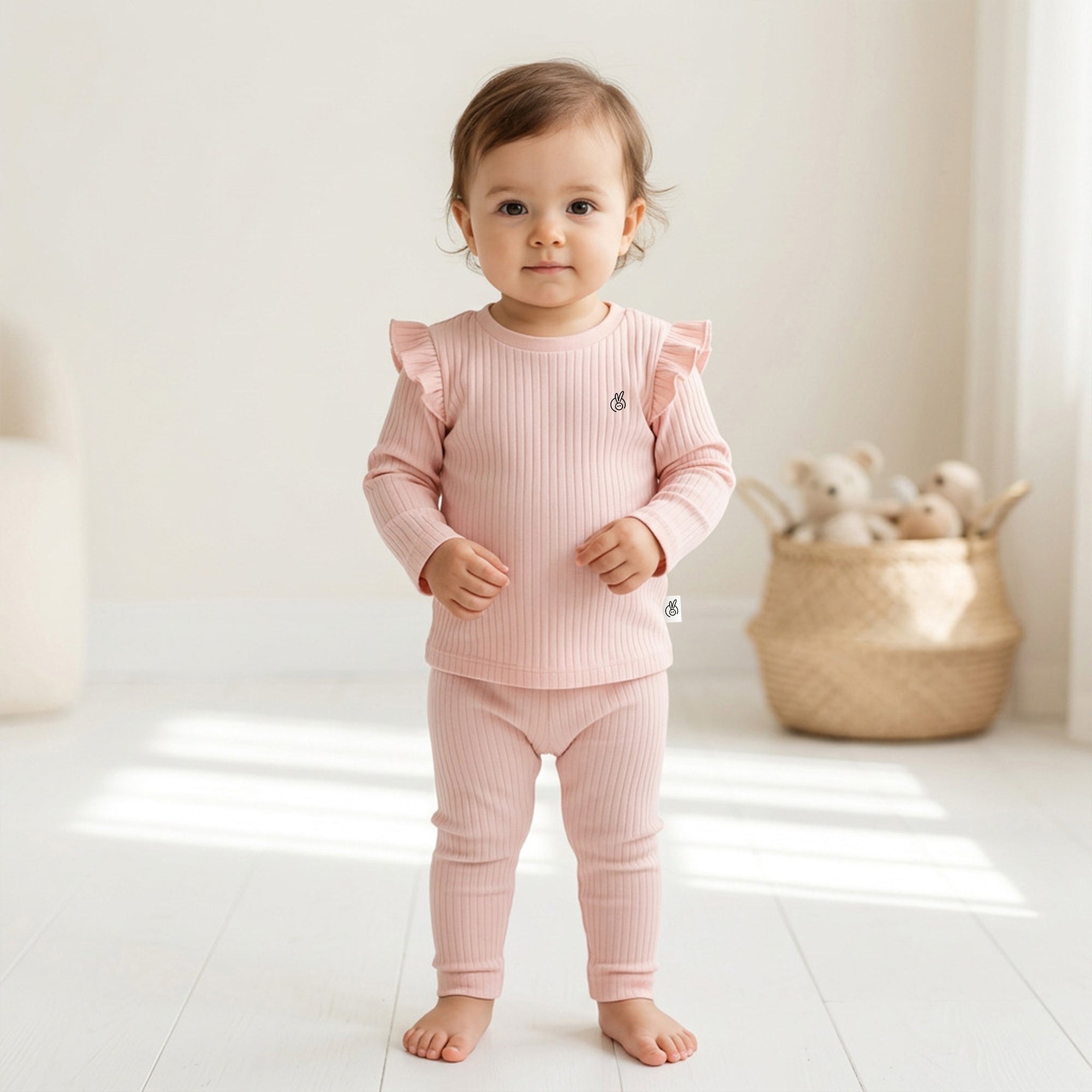 Drop Needle Full Sleeve Ruffled Top & Bottom Set Veiled Pink 0-2 Years