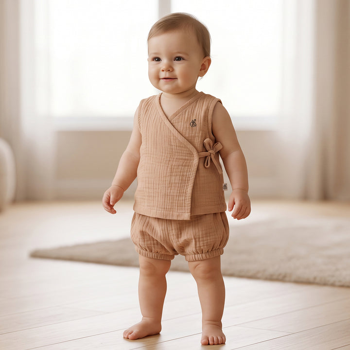 Pastelpops Beige Cotton Crinkle Wrap Over Vest & Bloomer 2-Piece Set