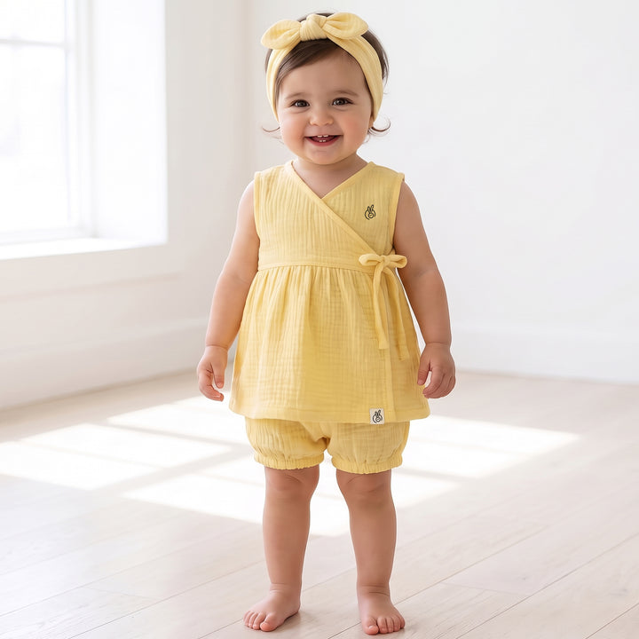 Pastelpops Mellow Yellow Cotton Crinkle Wrap Over Frock & Bloomer 2-Piece Set - 2-4 Years
