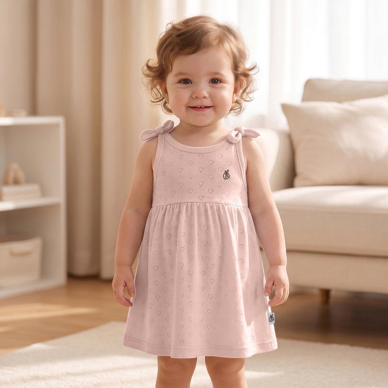 Mushmellow Peach Dust Pointelle Tie Up Frock With Gathers - 2-4 Years