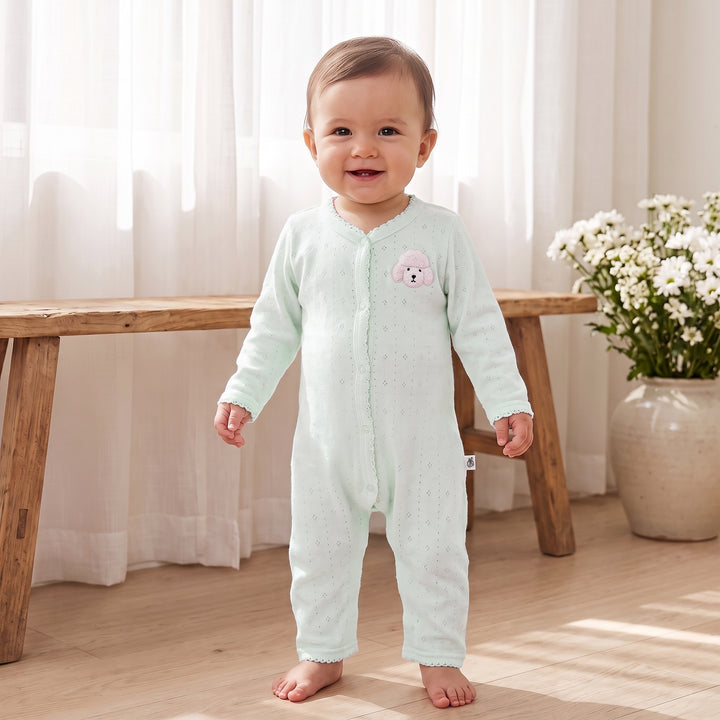 Mushmellow Sage Green Pointelle Front Open Sleepsuit