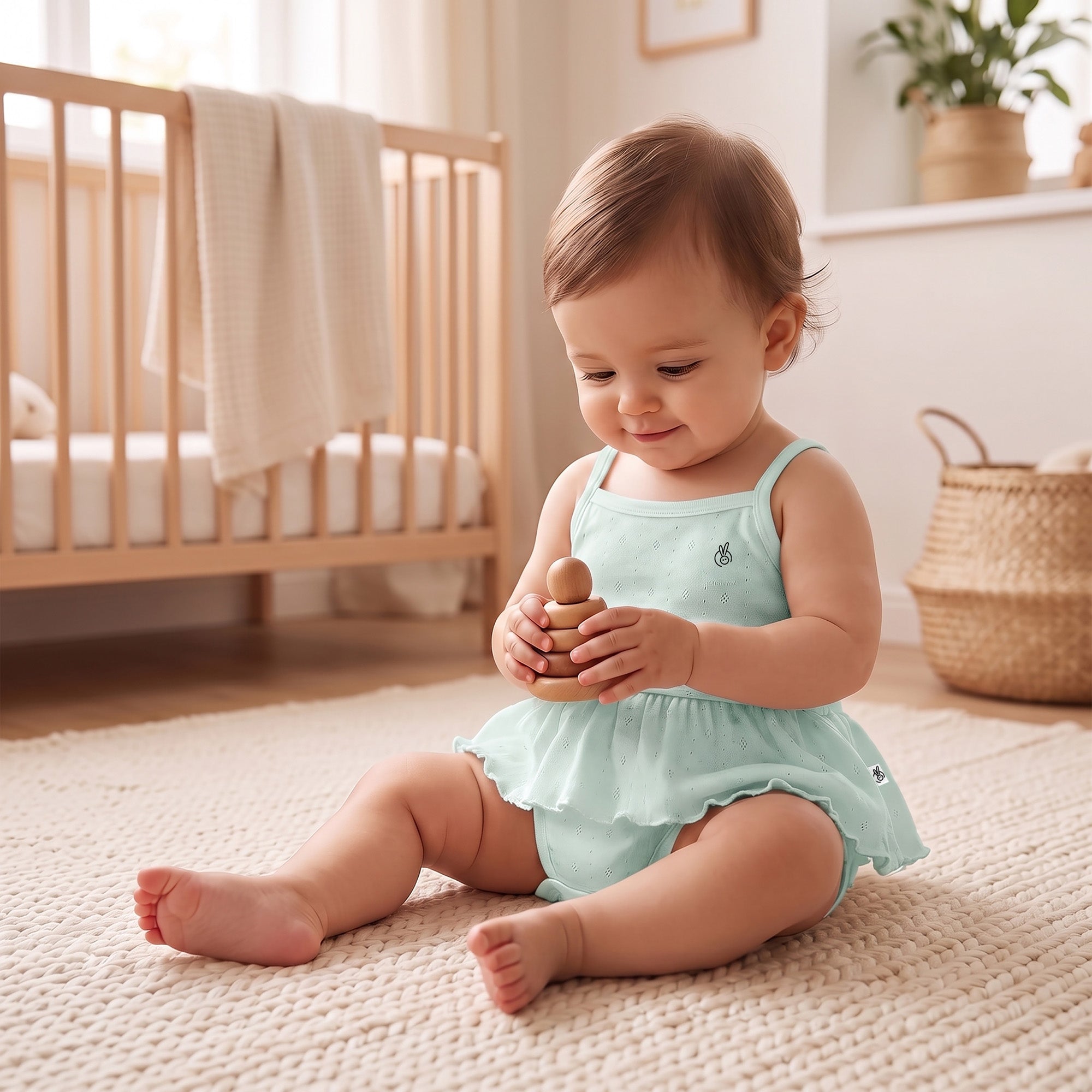 Mushmellow Sage Green Pointelle Spaghetti Onesie Frock