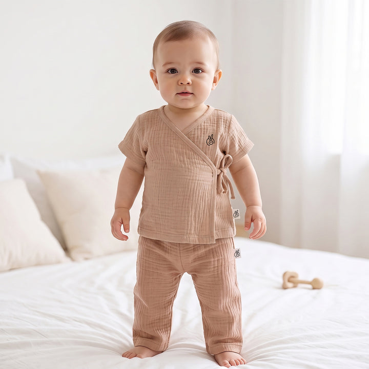 Pastelpops Beige Cotton Crinkle Wrap Over Top With Pant