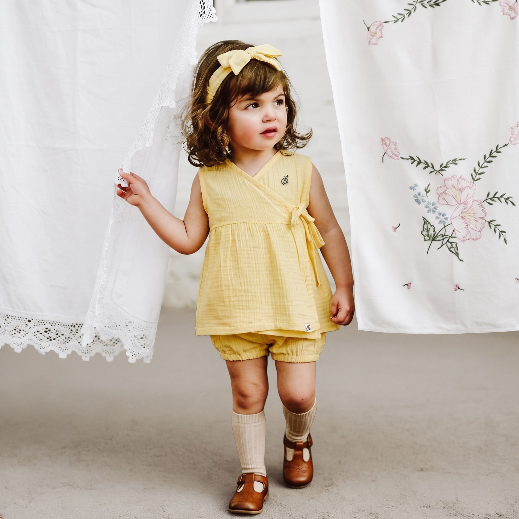 100% Crinkle Cotton Muslin Wrapover Frock & Bloomer Set Mellow Yellow 0-2Years
