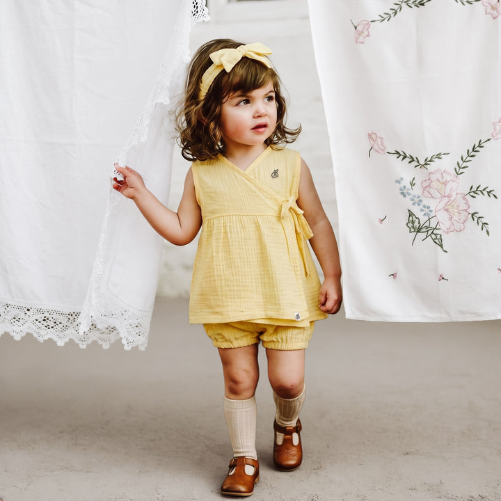 Pastelpops Mellow Yellow Cotton Crinkle Wrap Over Frock & Bloomer 2-Piece Set