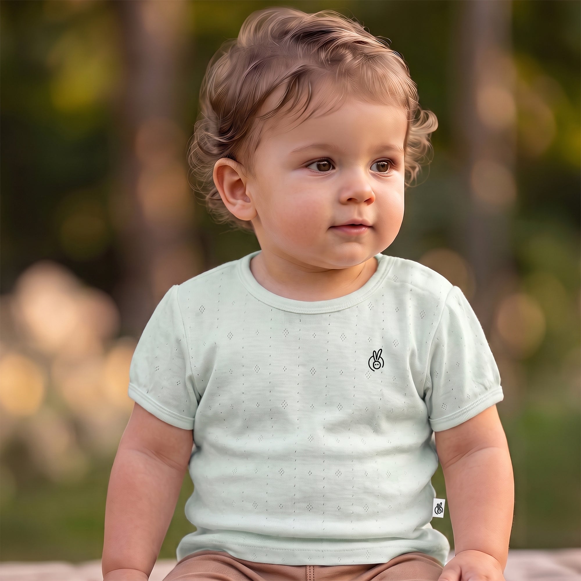 Mushmellow Sage Green Pointelle Top With Puff Sleeve