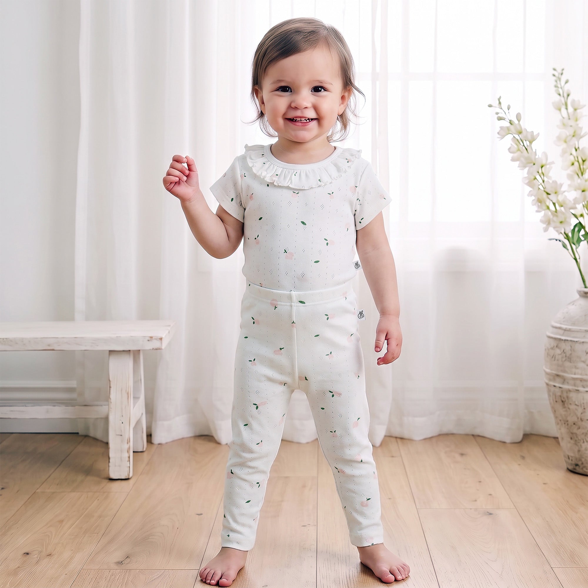 Mushmellow Off White Pointelle Ruffle Neck Onesie & Bottom 2-Piece Set