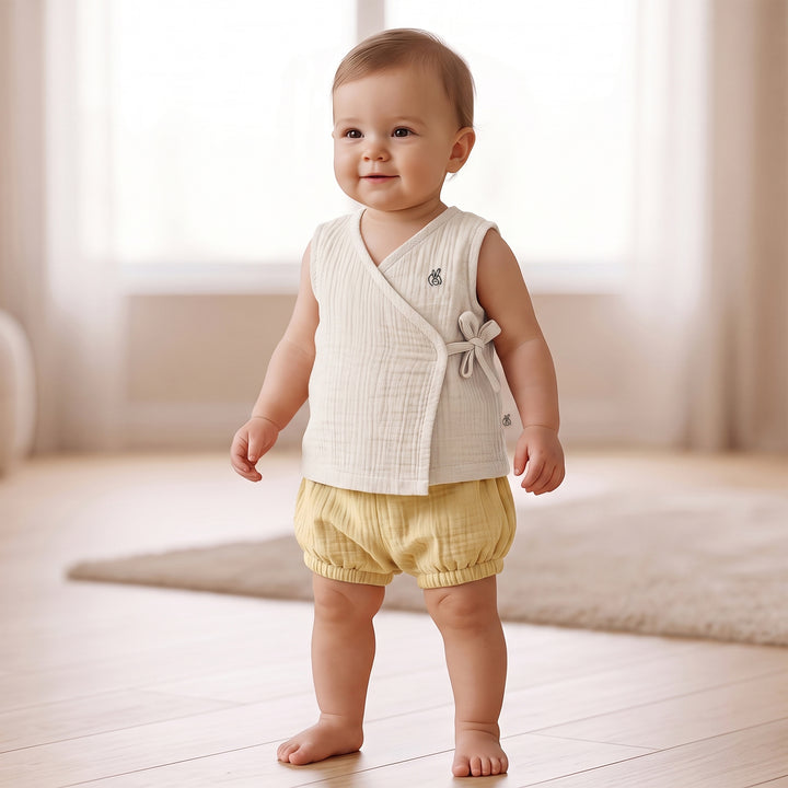 Pastelpops Multicolor Cotton Crinkle Wrap Over Vest & Bloomer 2-Piece Set