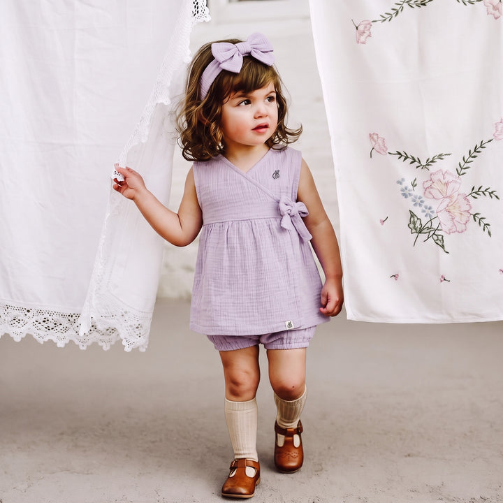 Pastelpops Purple Cotton Crinkle Wrap Over Frock & Bloomer 2-Piece Set