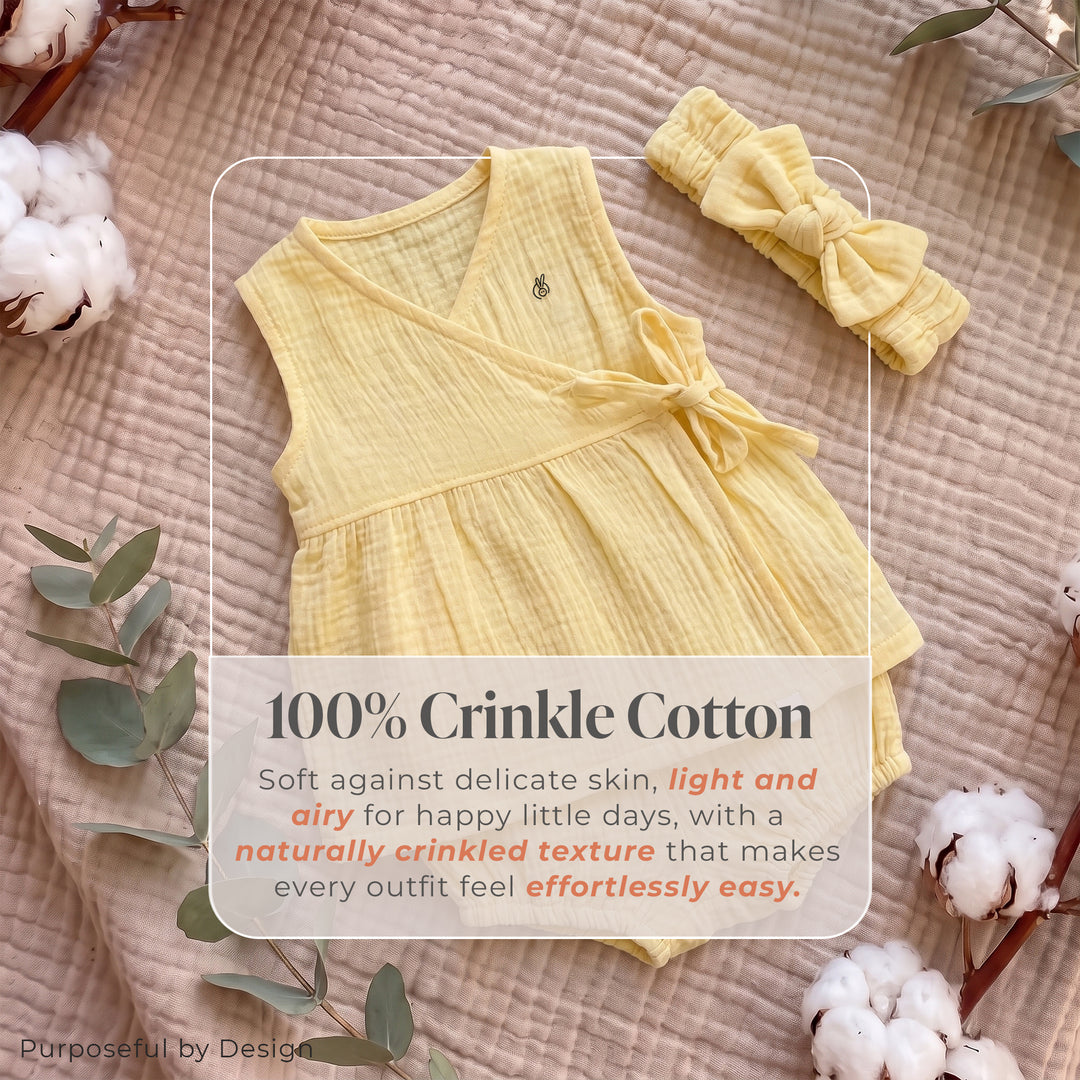 Pastelpops Mellow Yellow Cotton Crinkle Wrap Over Frock & Bloomer 2-Piece Set