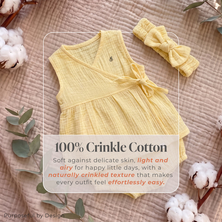 Pastelpops Mellow Yellow Cotton Crinkle Wrap Over Frock & Bloomer 2-Piece Set