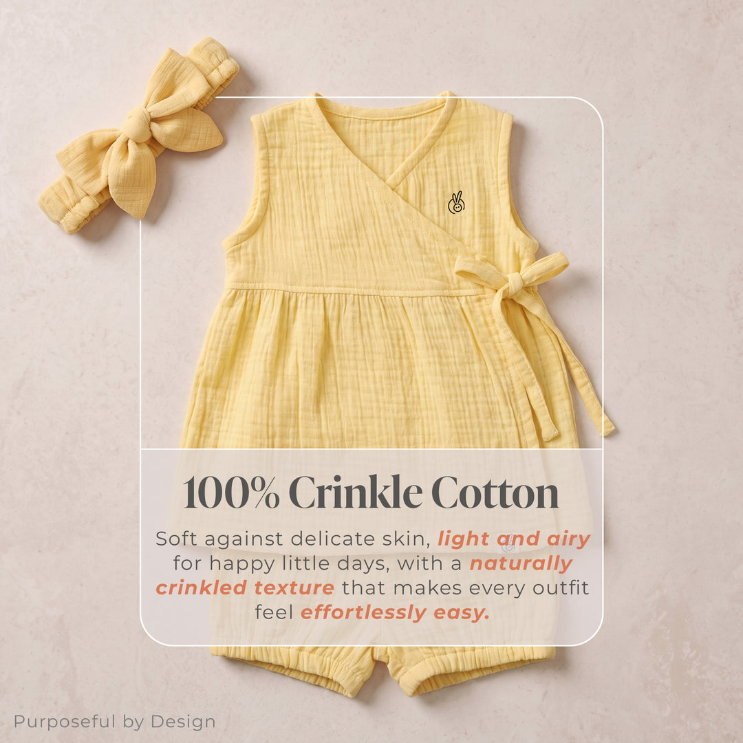 Pastelpops Mellow Yellow Cotton Crinkle Wrap Over Frock & Bloomer 2-Piece Set - 2-4 Years