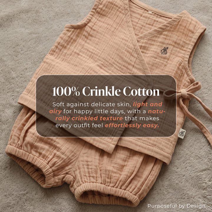 Pastelpops Beige Cotton Crinkle Wrap Over Vest & Bloomer 2-Piece Set