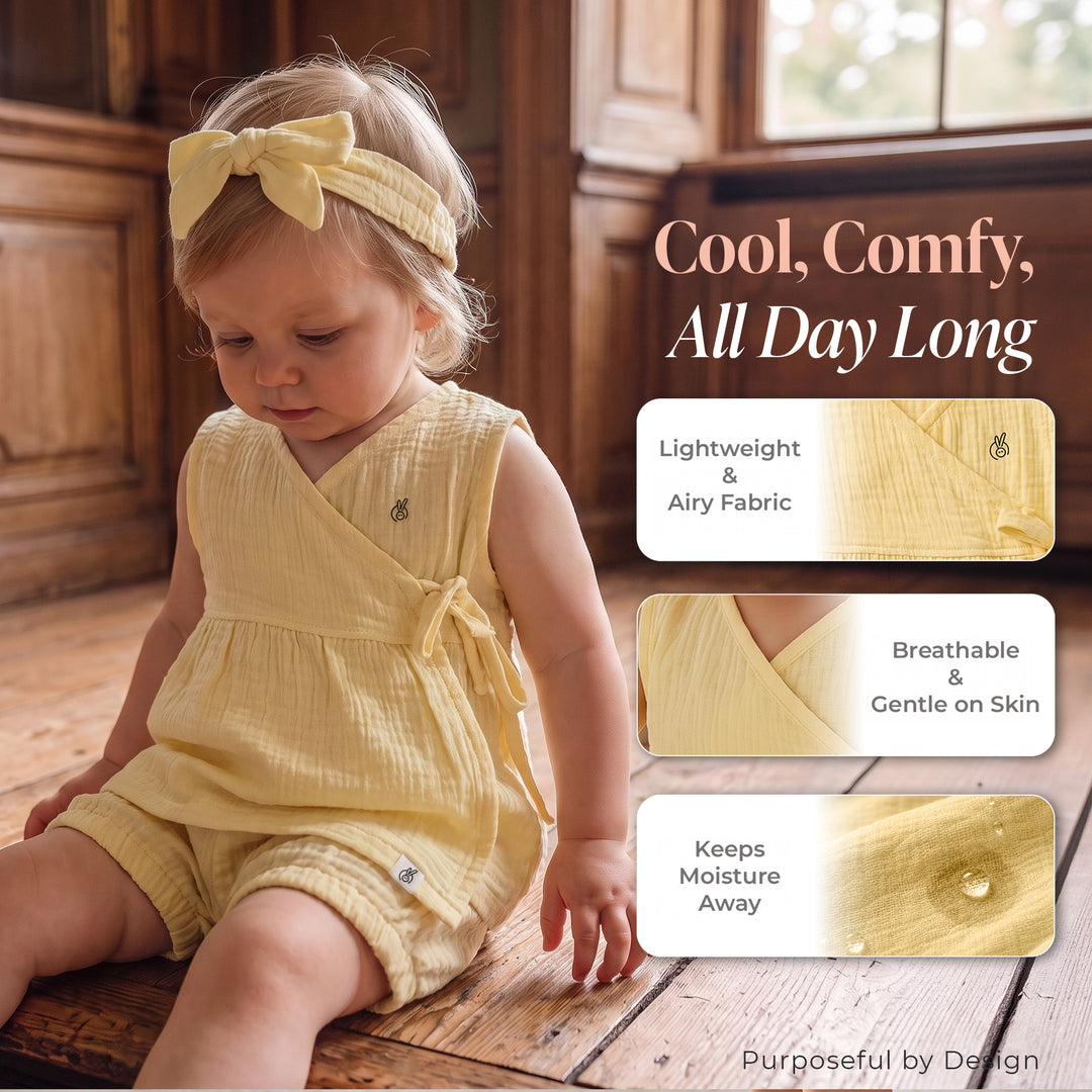 Pastelpops Mellow Yellow Cotton Crinkle Wrap Over Frock & Bloomer 2-Piece Set