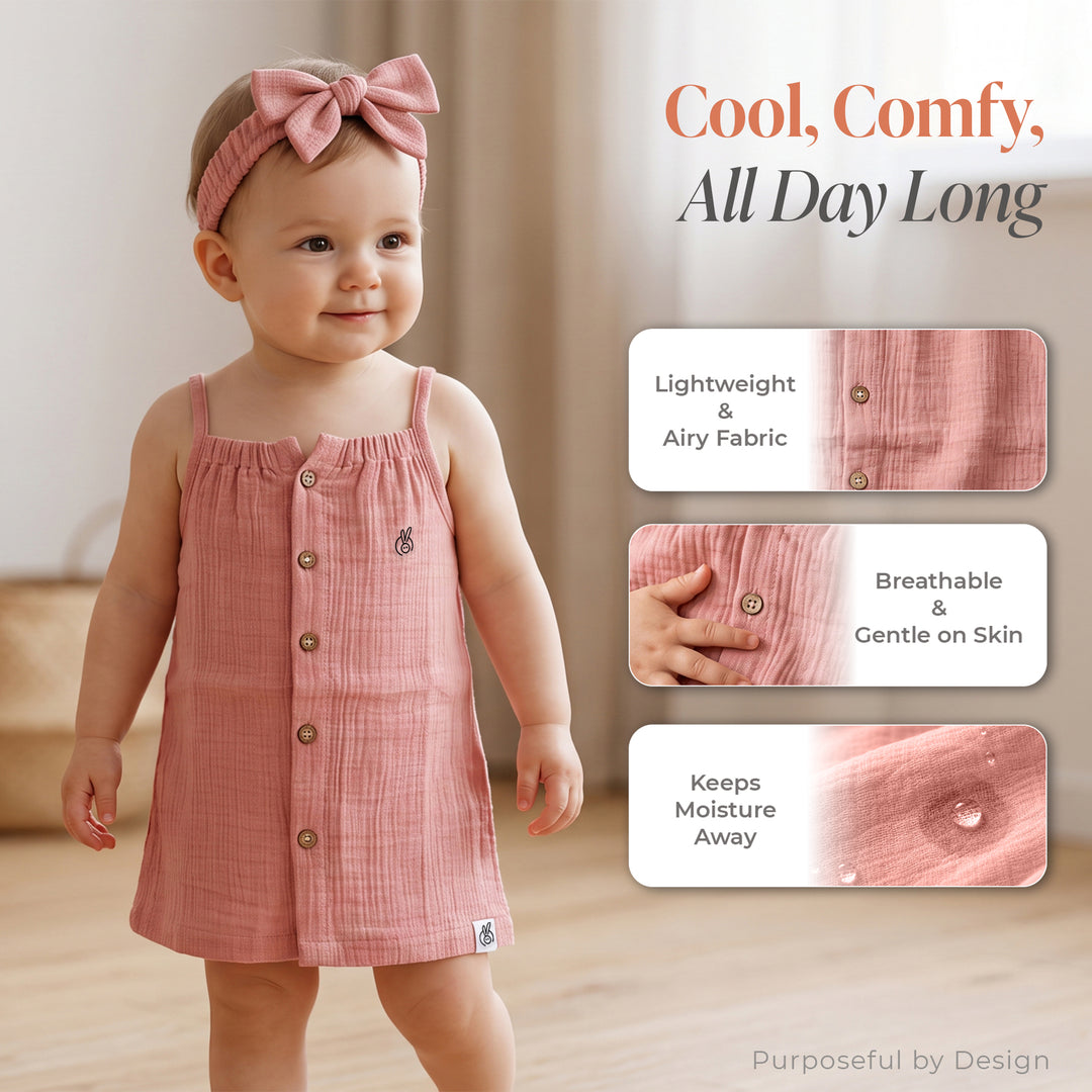 Pastelpops Dusty Rose Cotton Crinkle Aline Dress With Front Opening