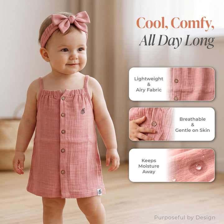 Pastelpops Dusty Rose Cotton Crinkle Aline Dress With Front Opening