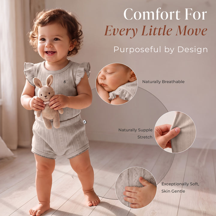 Mushmellow Light Grey Pointelle Ruffle Onesie & Short 2-Piece Set