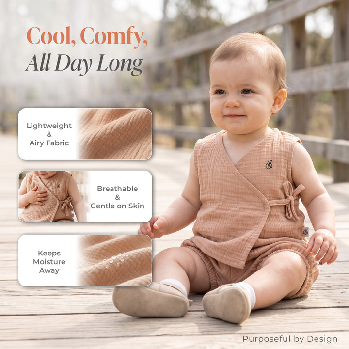 Pastelpops Beige Cotton Crinkle Wrap Over Vest & Bloomer 2-Piece Set