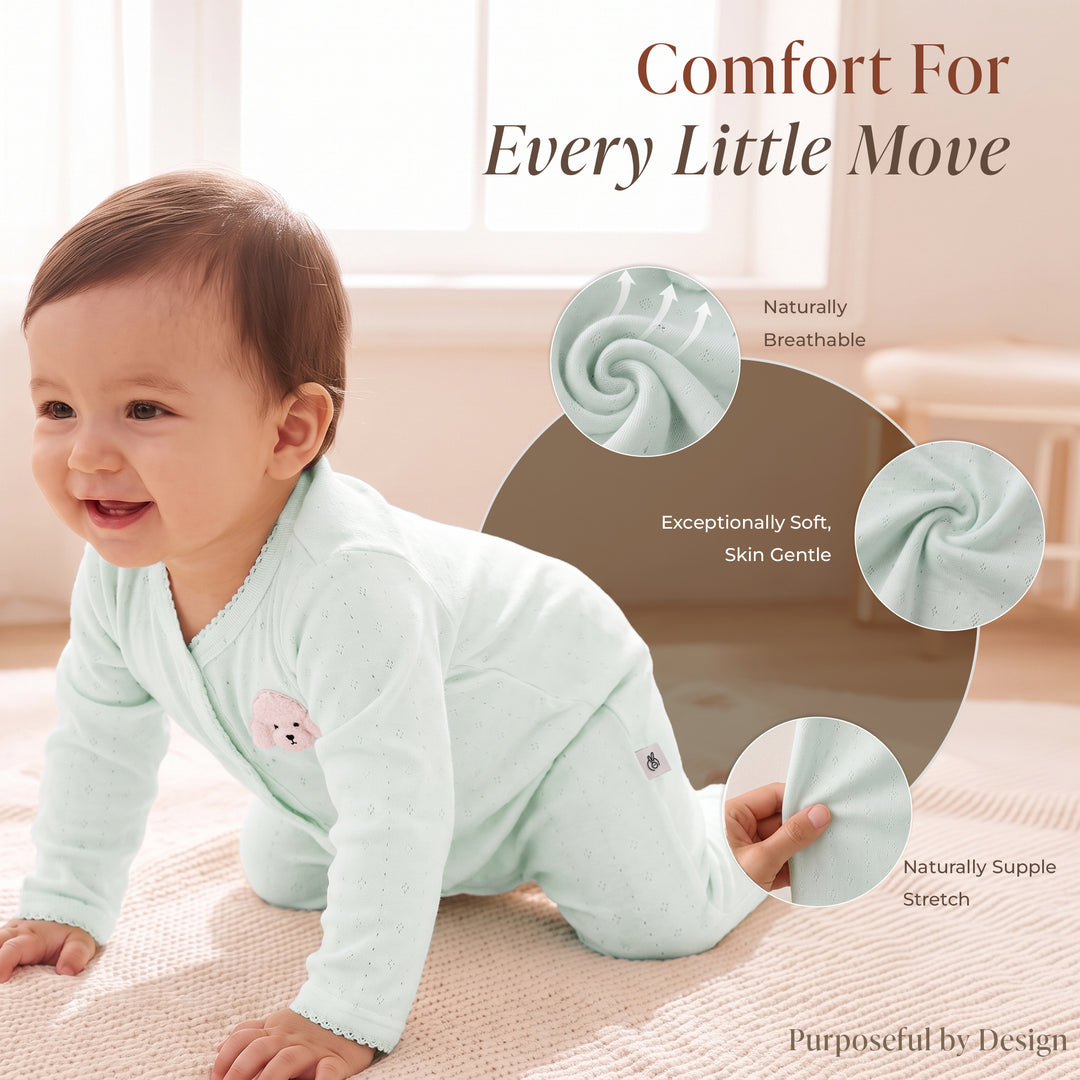 Mushmellow Sage Green Pointelle Front Open Sleepsuit