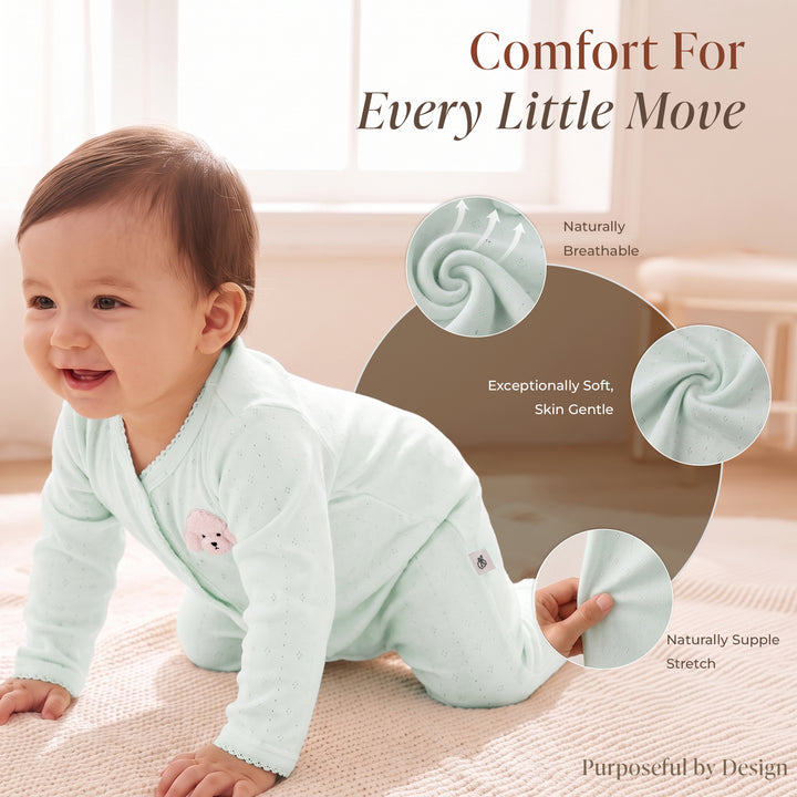 Mushmellow Sage Green Pointelle Front Open Sleepsuit