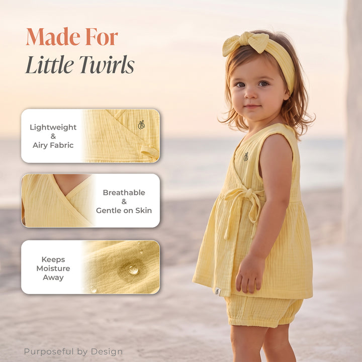 Pastelpops Mellow Yellow Cotton Crinkle Wrap Over Frock & Bloomer 2-Piece Set - 2-4 Years