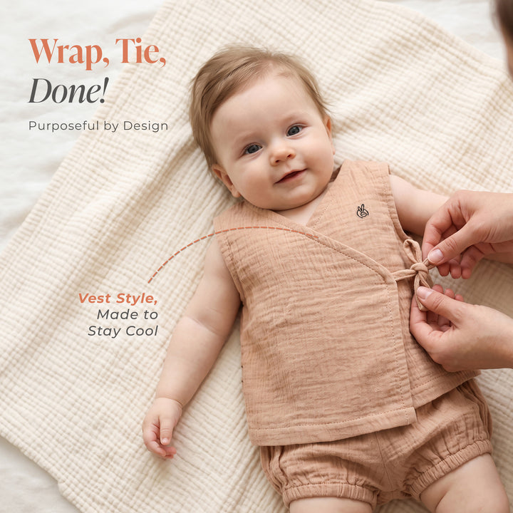 Pastelpops Beige Cotton Crinkle Wrap Over Vest & Bloomer 2-Piece Set