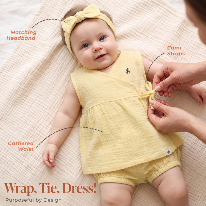 Pastelpops Mellow Yellow Cotton Crinkle Wrap Over Frock & Bloomer 2-Piece Set