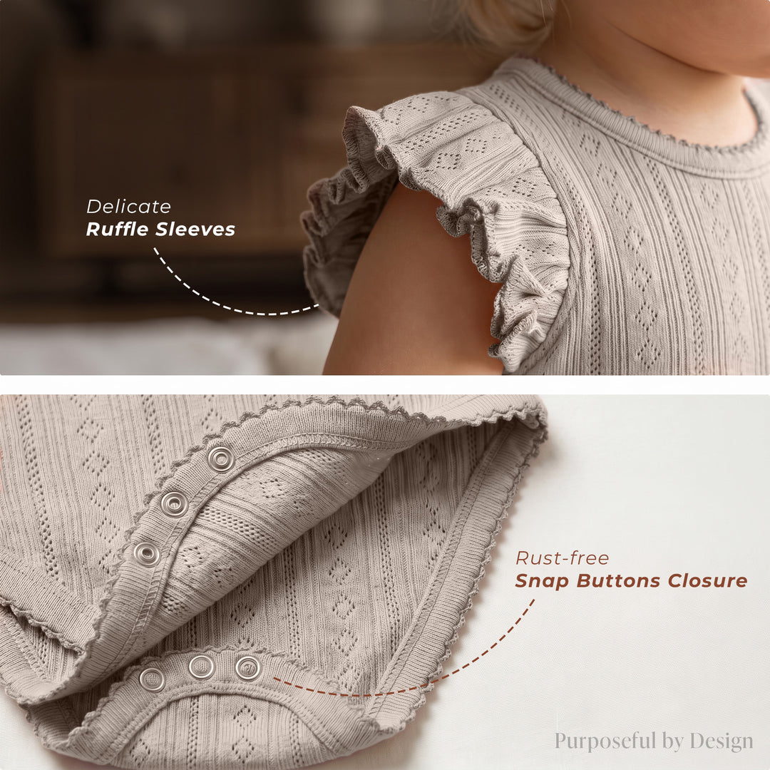 Mushmellow Light Grey Pointelle Ruffle Onesie & Short 2-Piece Set