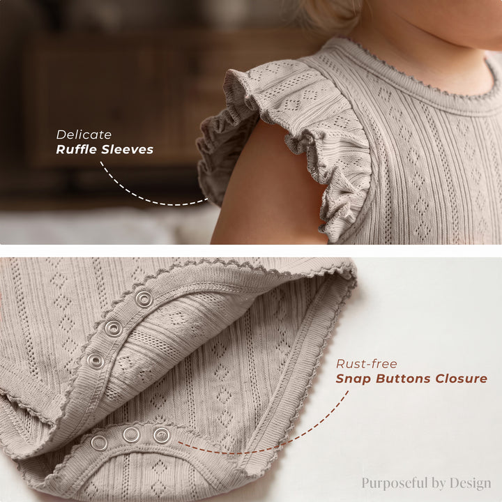 Mushmellow Light Grey Pointelle Ruffle Onesie & Short 2-Piece Set