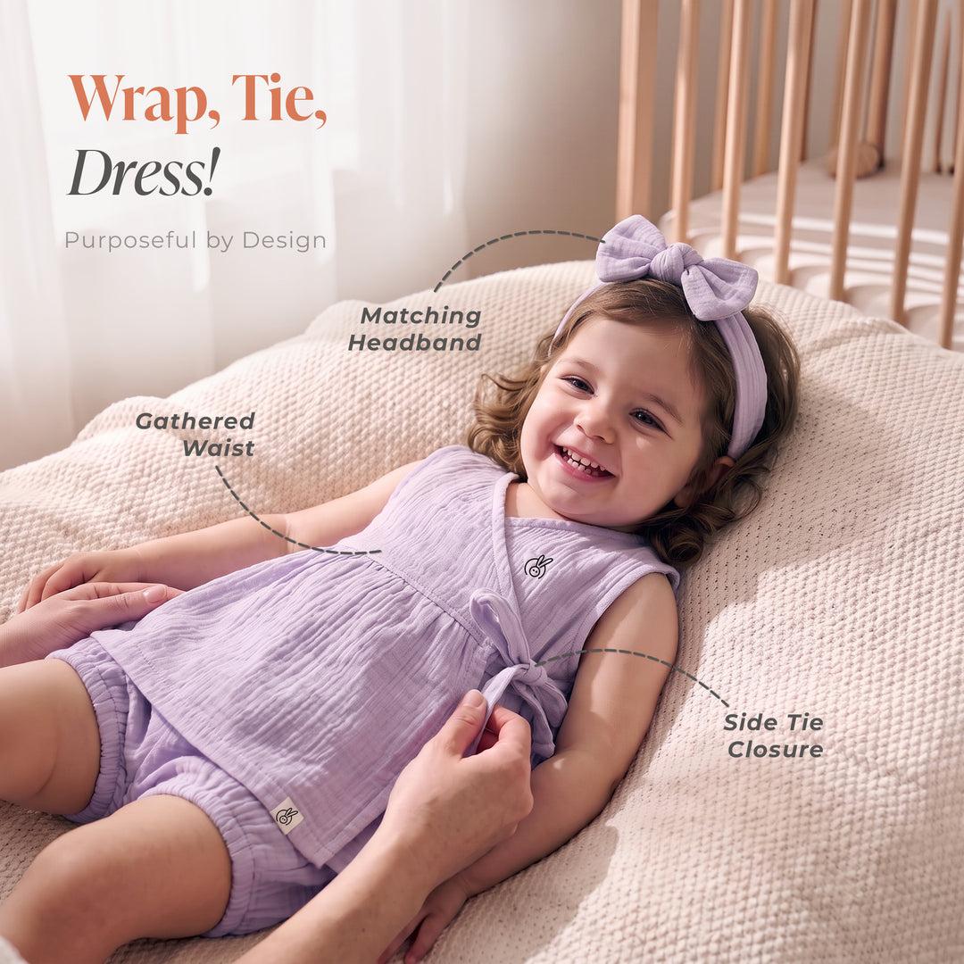 Pastelpops Purple Cotton Crinkle Wrap Over Frock & Bloomer 2-Piece Set - 2-4 Years
