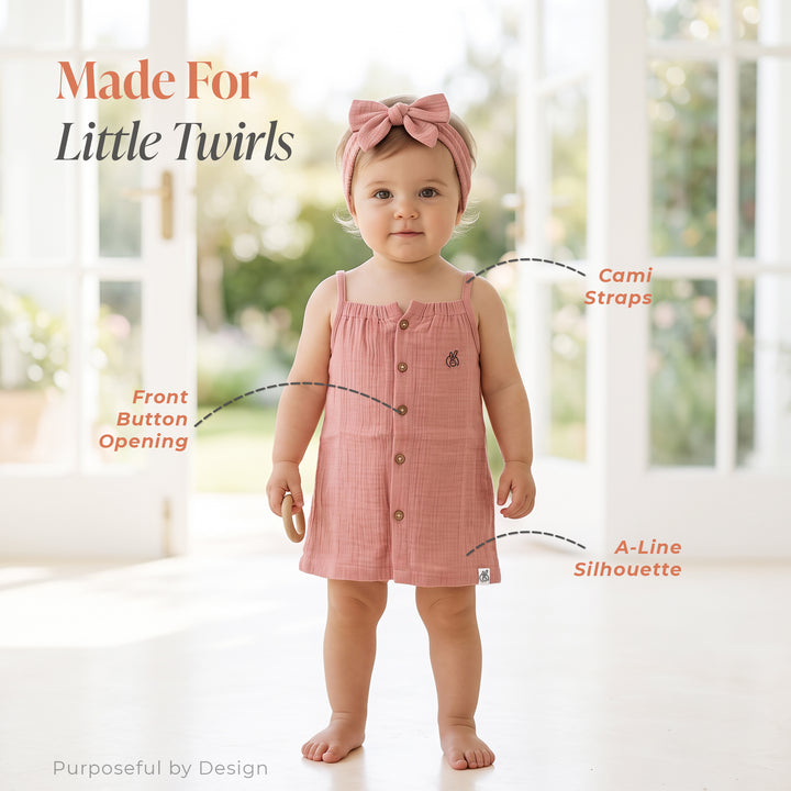 Pastelpops Dusty Rose Cotton Crinkle Aline Dress With Front Opening
