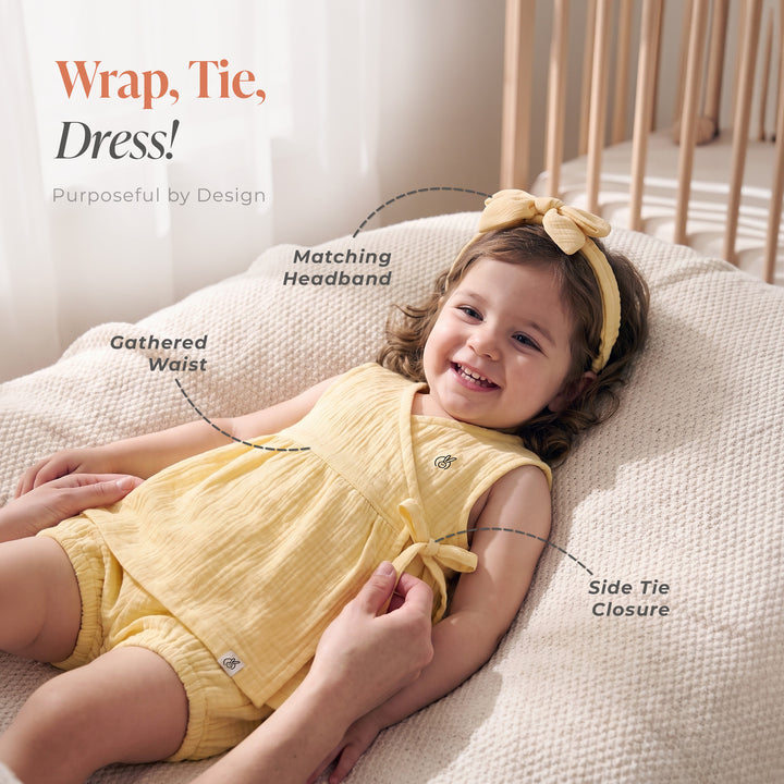 Pastelpops Mellow Yellow Cotton Crinkle Wrap Over Frock & Bloomer 2-Piece Set - 2-4 Years