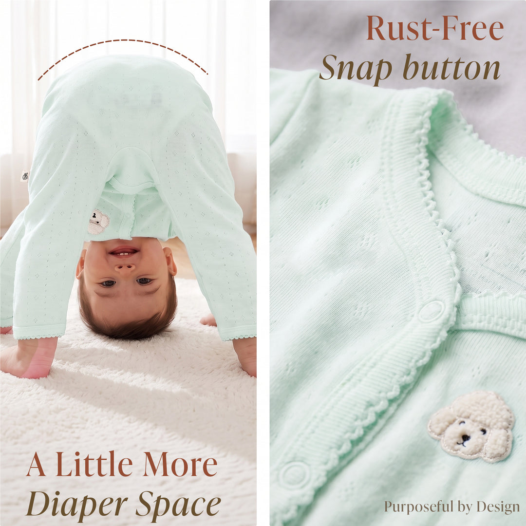 Mushmellow Sage Green Pointelle Front Open Sleepsuit
