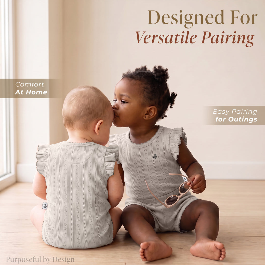 Mushmellow Light Grey Pointelle Ruffle Onesie & Short 2-Piece Set